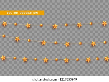 Christmas decorations isolated on transparent background. Gold string, garlands with stars realistic set. Golden Xmas decor. Festive design element