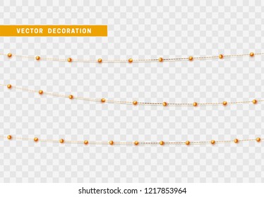 Christmas decorations isolated on transparent background. Golden string garlands with beads realistic set. Gold Xmas decor. Festive design element