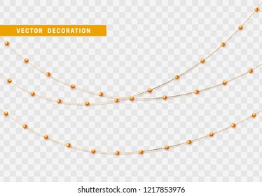 Christmas decorations isolated on transparent background. Golden string garlands with beads realistic set. Gold Xmas decor. Festive design element
