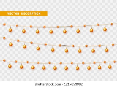 Christmas decorations isolated on transparent background. Gold garlands with balls and stars realistic set. Golden Xmas decor. Festive design element