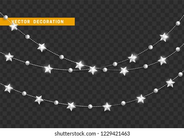 Christmas decorations isolated on transparent background. Silver string, garlands with stars realistic set. White Xmas decor. Festive design element