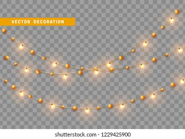 Christmas decorations, isolated on transparent background. Golden light garlands realistic set. Gold Xmas decor. Festive design element