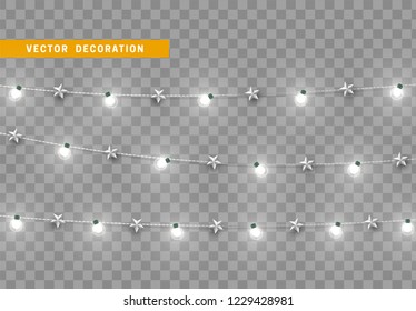 Christmas decorations, isolated on transparent background. White light garlands with stars realistic set. Silver Xmas decor. Festive design element