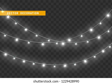 Christmas decorations, isolated on transparent background. White light garlands realistic set. Silver Xmas decor. Festive design element