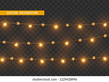 Christmas decorations, isolated on transparent background. Gold light garlands with stars realistic set. Golden Xmas decor. Festive design element