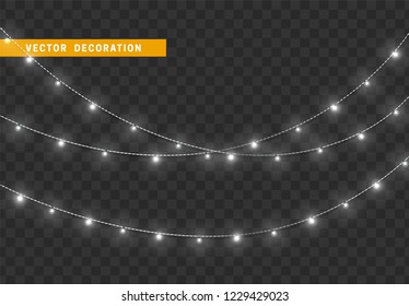 Christmas decorations, isolated on transparent background. White light garlands realistic set. Silver Xmas decor. Festive design element