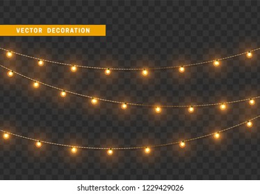 Christmas decorations, isolated on transparent background. Golden light garlands realistic set. Gold Xmas decor. Festive design element