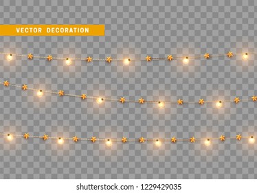 Christmas decorations, isolated on transparent background. Gold light garlands with stars realistic set. Golden Xmas decor. Festive design element