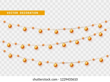 Christmas decorations isolated on transparent background. Gold garlands with balls and stars realistic set. Golden Xmas decor. Festive design element Christmas decorations isolated on transparent background. Gold garlands with balls and stars realistic set. Golden Xmas decor. Festive design element