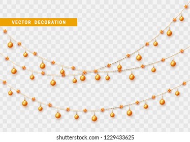 Christmas decorations isolated on transparent background. Gold garlands with balls and stars realistic set. Golden Xmas decor. Festive design element