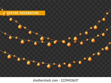 Christmas decorations isolated on transparent background. Gold garlands with balls and stars realistic set. Golden Xmas decor. Festive design element