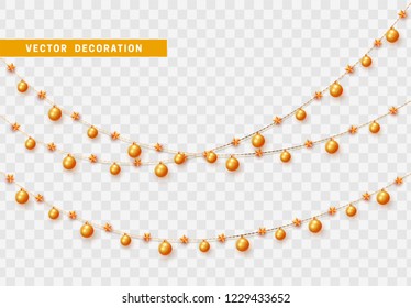 Christmas decorations isolated on transparent background. Gold garlands with balls and stars realistic set. Golden Xmas decor. Festive design element