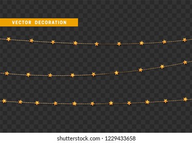 Christmas decorations isolated on transparent background. Gold garlands with stars realistic set. Golden Xmas decor. Festive design element