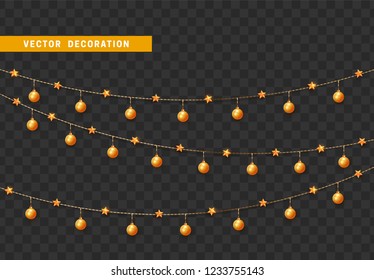 Christmas decorations, isolated on transparent background. golden string garlands with balls realistic set. gold  Xmas decor. Festive design element