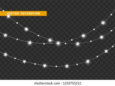 Christmas decorations isolated on transparent background. Silver string, garlands with stars realistic set. White Xmas decor. Festive design element