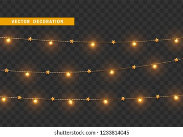 Christmas decorations, isolated on transparent background. Gold light garlands with stars realistic set. Golden Xmas decor. Festive design element