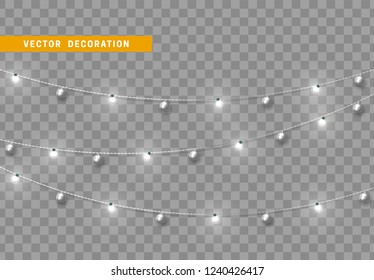 Christmas decorations, isolated on transparent background. Gold light garlands with balls realistic set. Golden Xmas decor. Festive design element