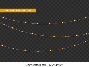 Christmas decorations isolated on transparent background. Golden string garlands with beads realistic set. Gold Xmas decor. Festive design element