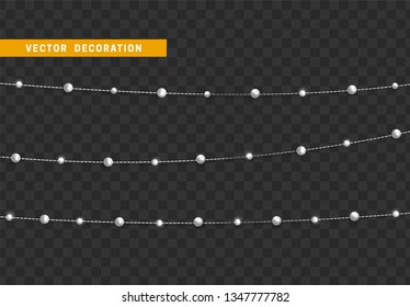 Christmas decorations isolated on transparent background. Silver string garlands with beads realistic set. White Xmas decor. Festive design element