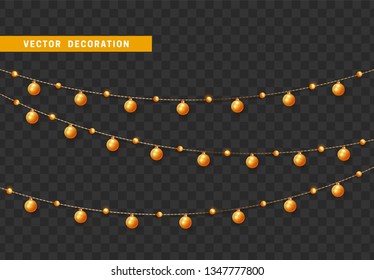 Christmas decorations, isolated on transparent background. Golden garlands with balls realistic set. Gold Xmas decor. Festive design element