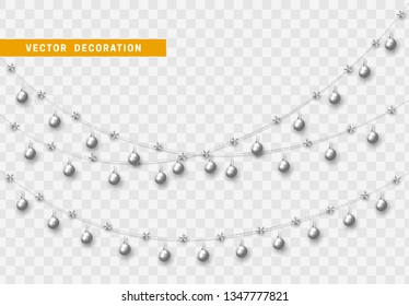 Christmas decorations isolated on transparent background. White garlands with balls and stars realistic set. Silver Xmas decor. Festive design element