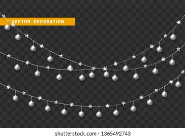 Christmas decorations isolated on transparent background. White garlands with balls and stars realistic set. Silver Xmas decor. Festive design element