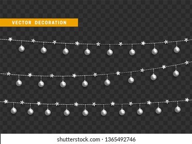 Christmas decorations isolated on transparent background. White garlands with balls and stars realistic set. Silver Xmas decor. Festive design element