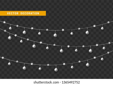 Christmas decorations isolated on transparent background. White garlands with balls and stars realistic set. Silver Xmas decor. Festive design element