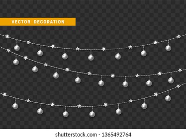 Christmas decorations isolated on transparent background. White garlands with balls and stars realistic set. Silver Xmas decor. Festive design element