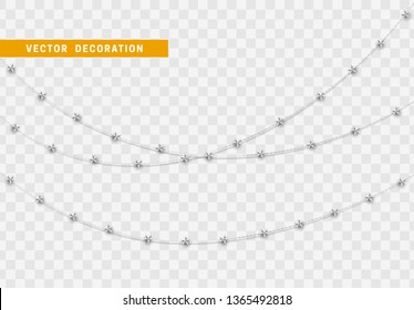 Christmas decorations isolated on transparent background. White garlands with stars realistic set. Silver Xmas decor. Festive design element