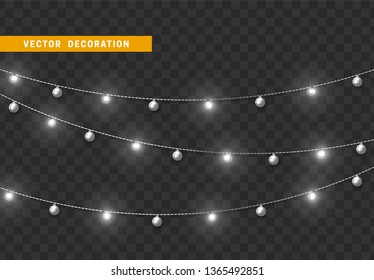 Christmas decorations, isolated on transparent background. Gold light garlands with balls realistic set. Golden Xmas decor. Festive design element