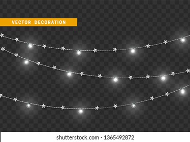 Christmas decorations, isolated on transparent background. White light garlands with stars realistic set. Silver Xmas decor. Festive design element