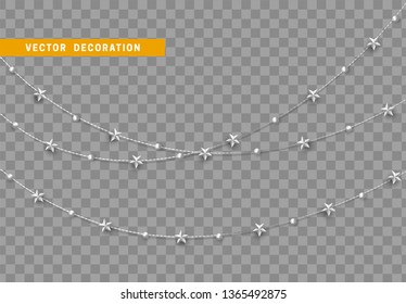 Christmas decorations isolated on transparent background. Silver string, garlands with stars realistic set. White Xmas decor. Festive design element