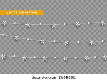Christmas decorations isolated on transparent background. Silver string, garlands with stars realistic set. White Xmas decor. Festive design element