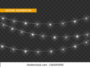 Christmas decorations, isolated on transparent background. White light garlands realistic set. Silver Xmas decor. Festive design element
