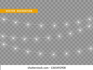 Christmas decorations, isolated on transparent background. White light garlands realistic set. Silver Xmas decor. Festive design element