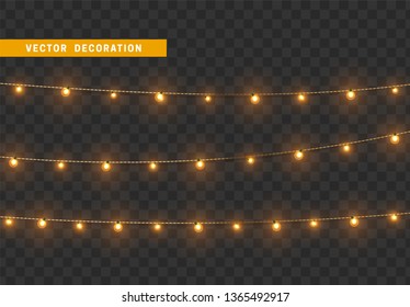 Christmas decorations, isolated on transparent background. Golden light garlands realistic set. Gold Xmas decor. Festive design element