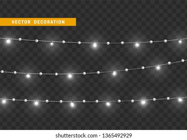 Christmas decorations, isolated on transparent background. White light garlands realistic set. Silver Xmas decor. Festive design element