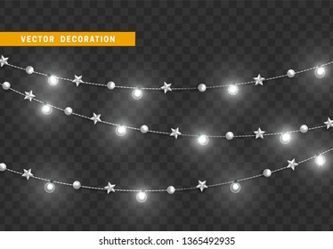 Christmas decorations, isolated on transparent background. White light garlands and star realistic set. Silver Xmas decor. Festive design element