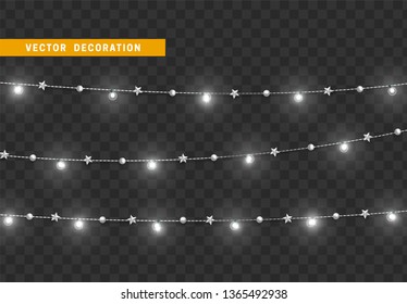 Christmas decorations, isolated on transparent background. White light garlands and star realistic set. Silver Xmas decor. Festive design element