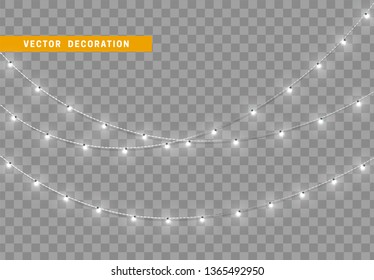 Christmas decorations, isolated on transparent background. White light garlands realistic set. Silver Xmas decor. Festive design element