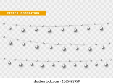 Christmas decorations, isolated on transparent background. Silver string garlands with balls realistic set. White Xmas decor. Festive design element