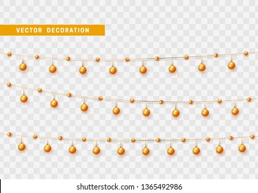 Christmas decorations, isolated on transparent background. Golden garlands with balls realistic set. Gold Xmas decor. Festive design element