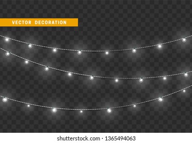 Christmas decorations, isolated on transparent background. White light garlands realistic set. Silver Xmas decor. Festive design element