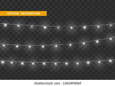 Christmas decorations, isolated on transparent background. White light garlands realistic set. Silver Xmas decor. Festive design element Christmas decorations, isolated on transparent background. White light garlands realistic set. Silver Xmas decor. Festive design element