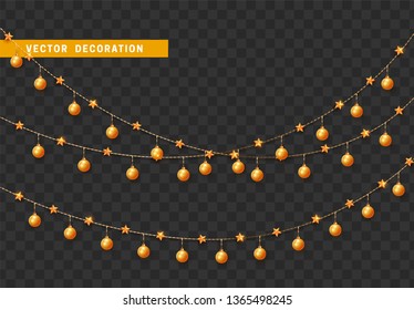 Christmas decorations isolated on transparent background. Gold garlands with balls and stars realistic set. Golden Xmas decor. Festive design element