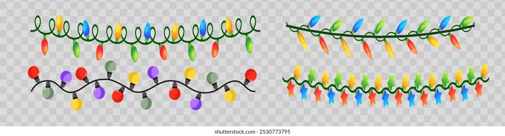 Christmas decorations, isolated on transparent background. Silver string garlands with balls realistic set. White Xmas decor. Festive design element