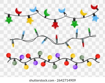Christmas decorations, isolated on transparent background. Silver string garlands with balls realistic set. White Xmas decor. Festive design element