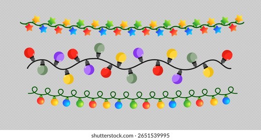Decorações de Natal, isoladas sobre fundo transparente. Garlands de corda de prata com bolas conjunto realista. Decoração de Natal branco. Elemento de design festivo
