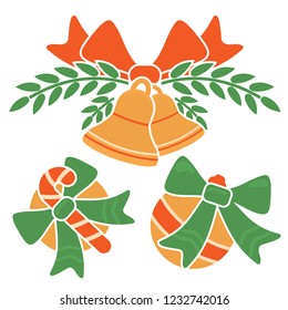 christmas decorations kit. vector flat style illustrations of new year attributes, bells, candy cane, glass ball